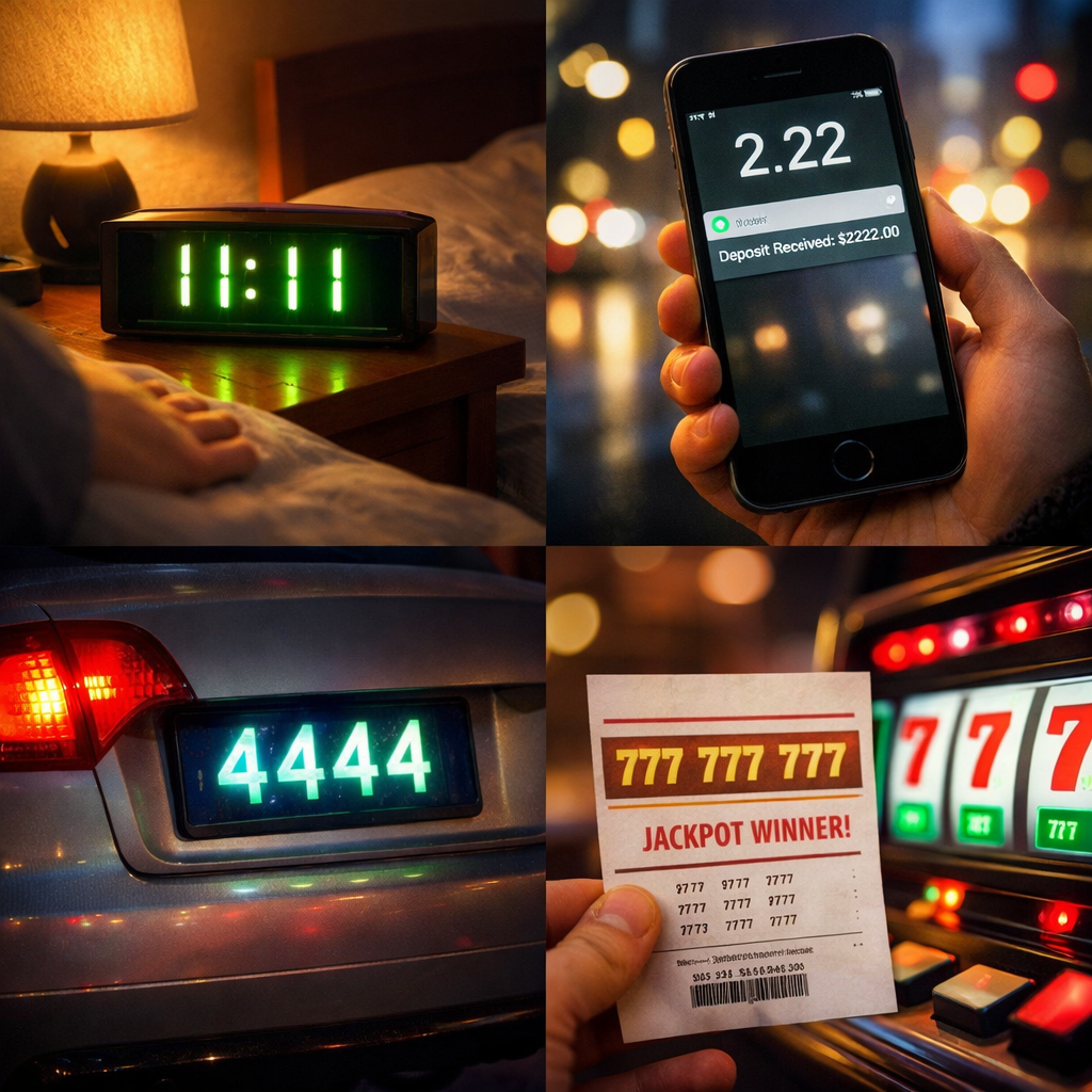 Digital clock showing 11:11, phone showing deposit notification with 2.22, car license plate reading 4444, and jackpot ticket with 777 777 777 numbers