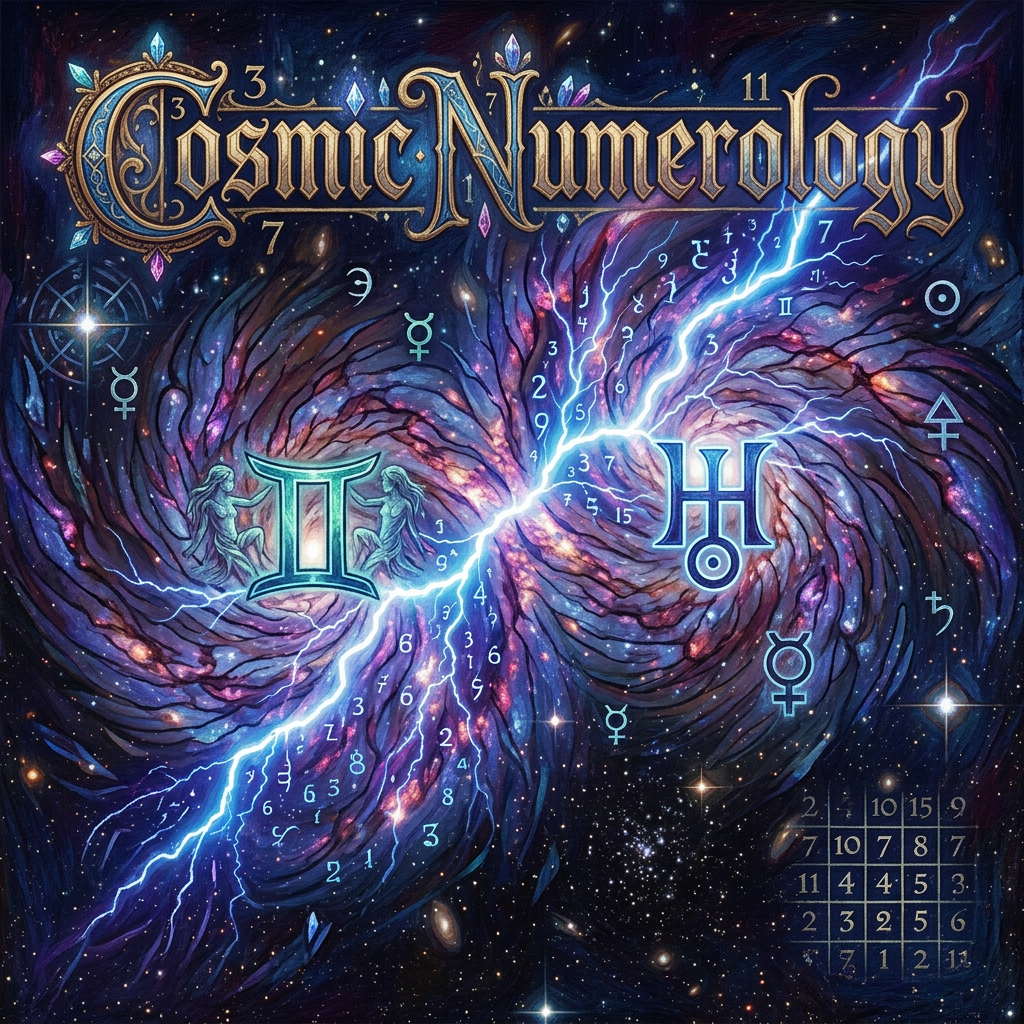 Galaxies with Gemini symbol, Uranus symbol, numbers, and astrological signs in space