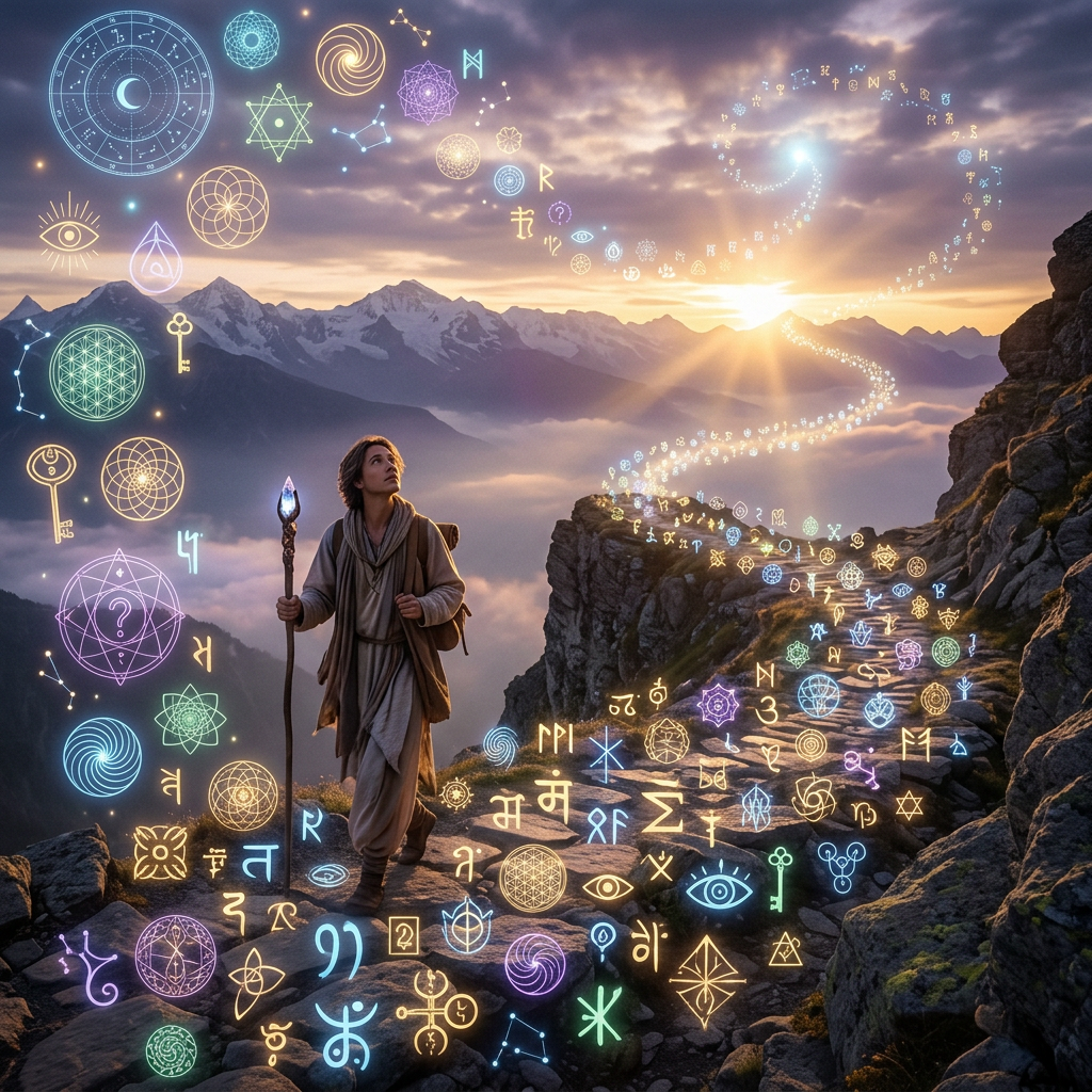 Person walking on mountain path surrounded by glowing magical symbols with mountains and sunset in background