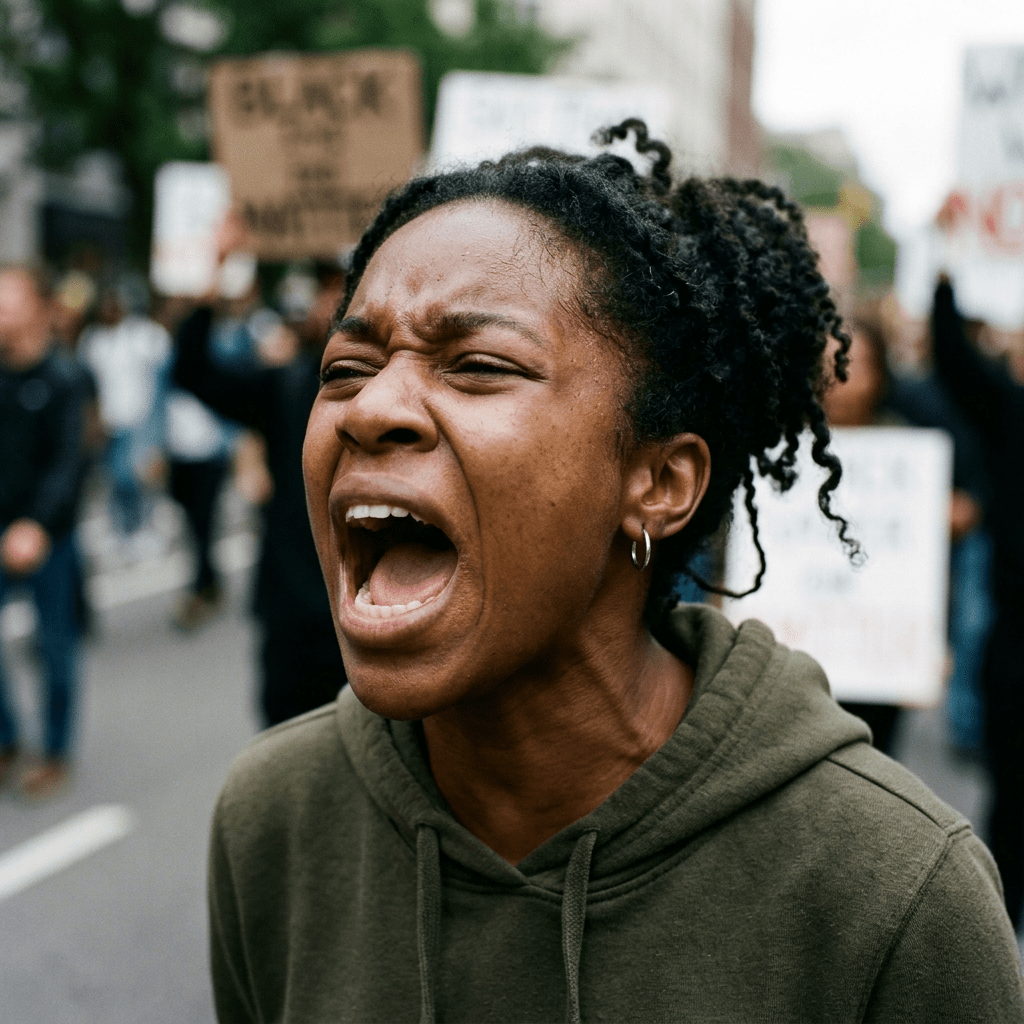 Person shouting passionately at a protest march with signs in the background