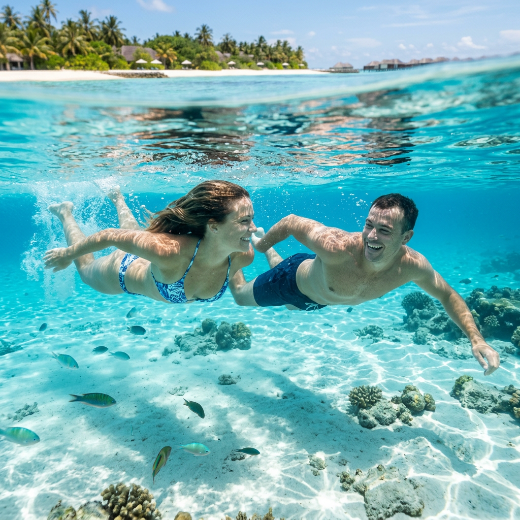 Couple snorkeling underwater above coral reef and tropical fish