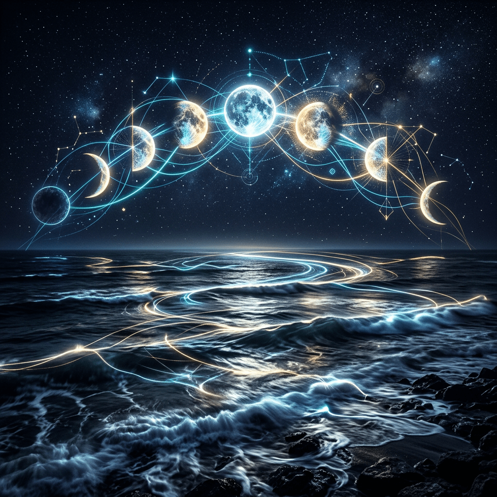 Phases of the moon illustrated with glowing lines over dark ocean waves at night