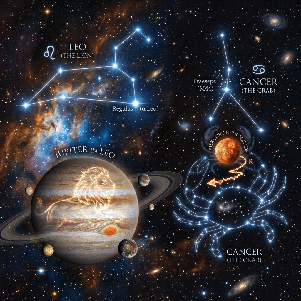Constellations Leo and Cancer with Jupiter in Leo and Mercury retrograde in Cancer