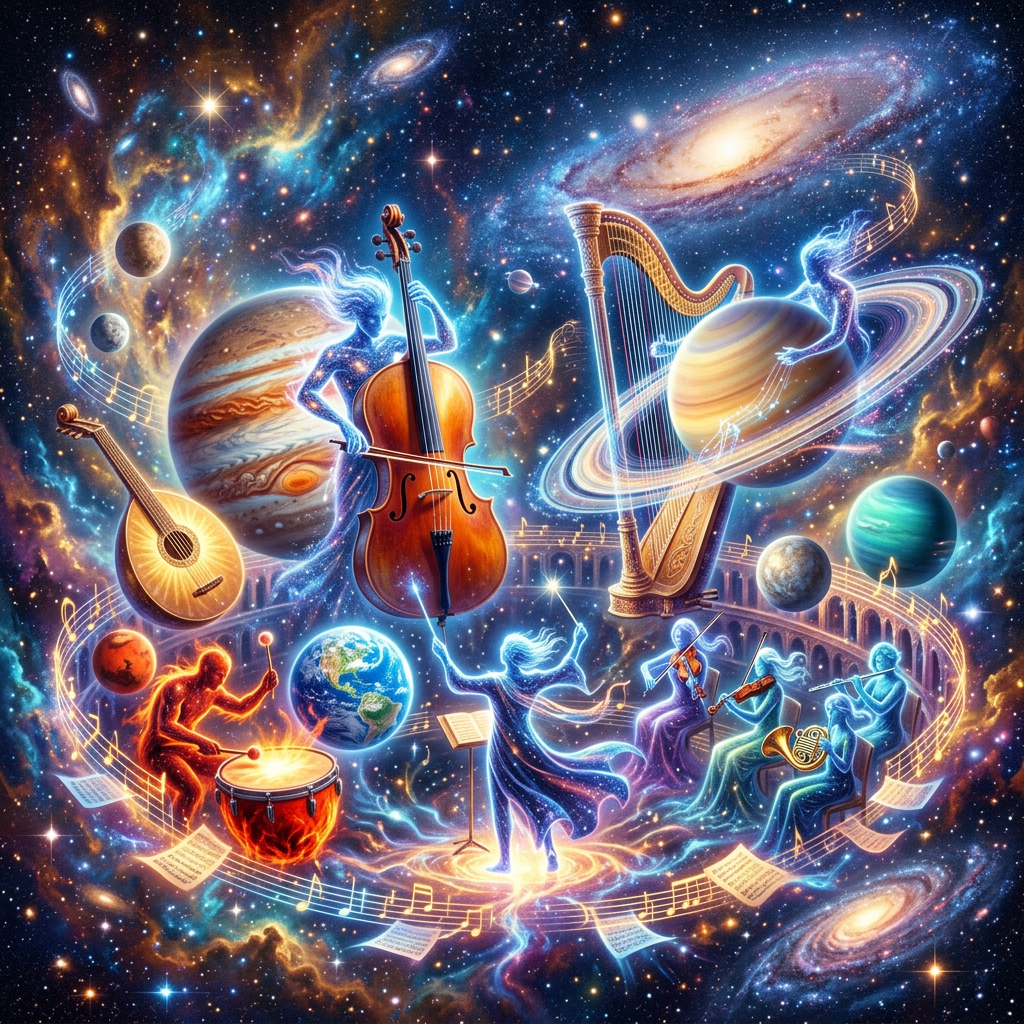 Celestial beings playing classical musical instruments surrounded by planets and stars