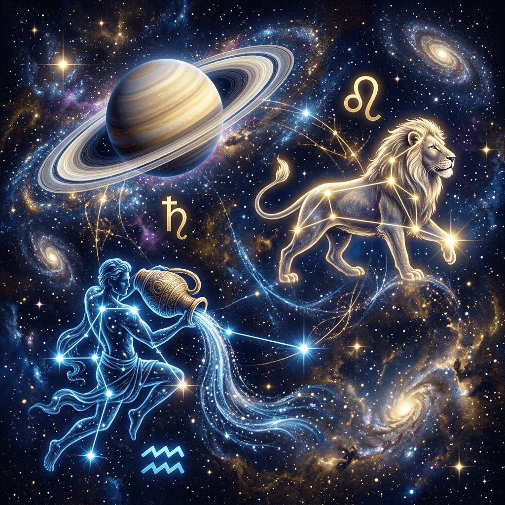 Leo and Aquarius constellations with glowing stars, Saturn planet, and zodiac symbols in a starry galaxy