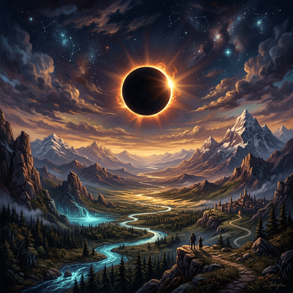 Solar eclipse over a mountainous valley with a winding glowing river, two travelers on a cliff, and a castle in the distance