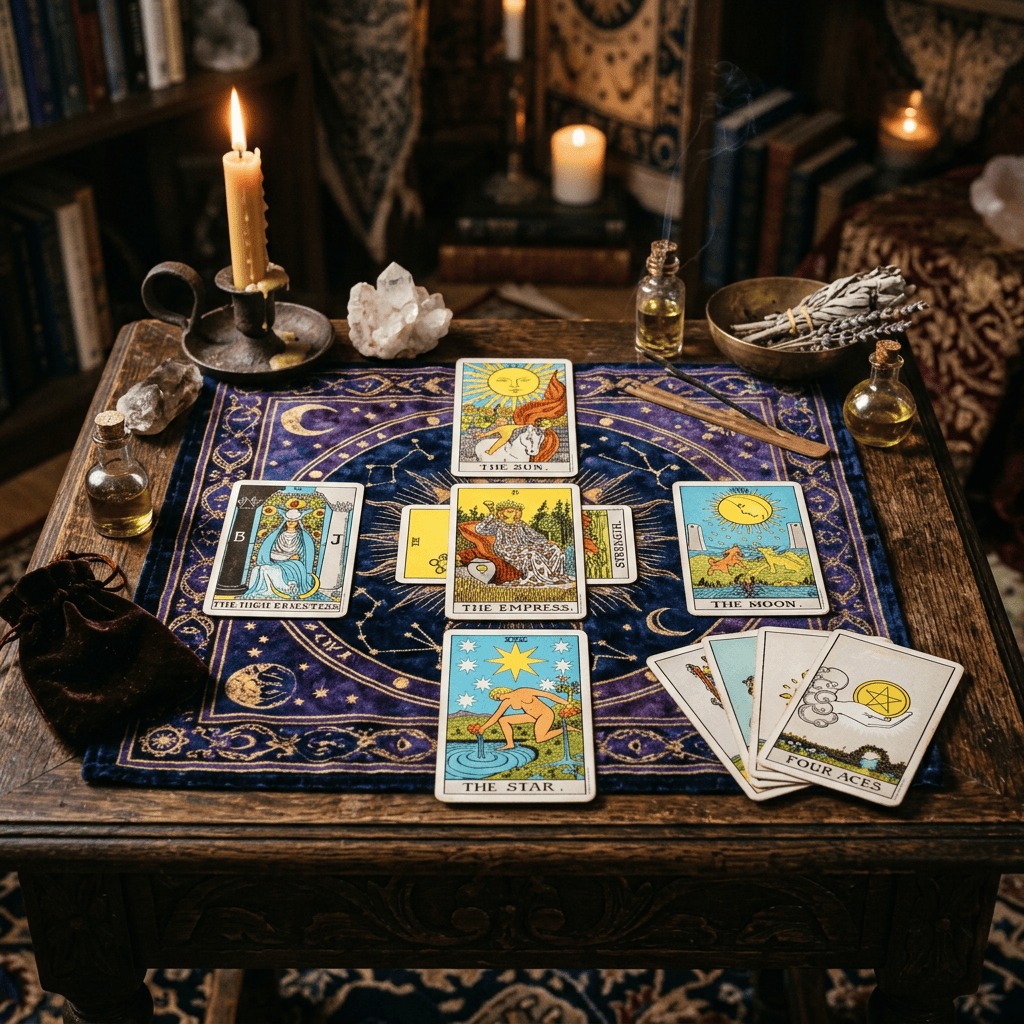 Tarot cards laid out on a cloth with candles, crystals, and herbs on a wooden table