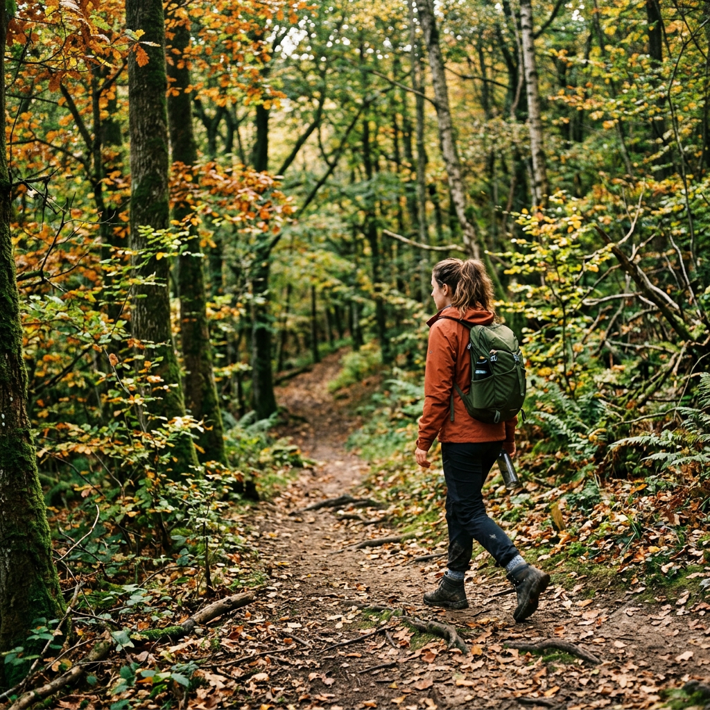 Hiker with backpack walking along an autumn forest trail