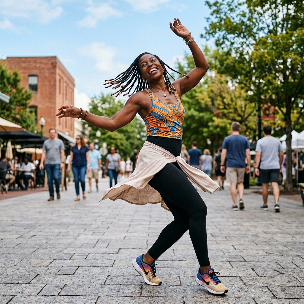 Smiling woman dancing outdoors on a lively pedestrian street