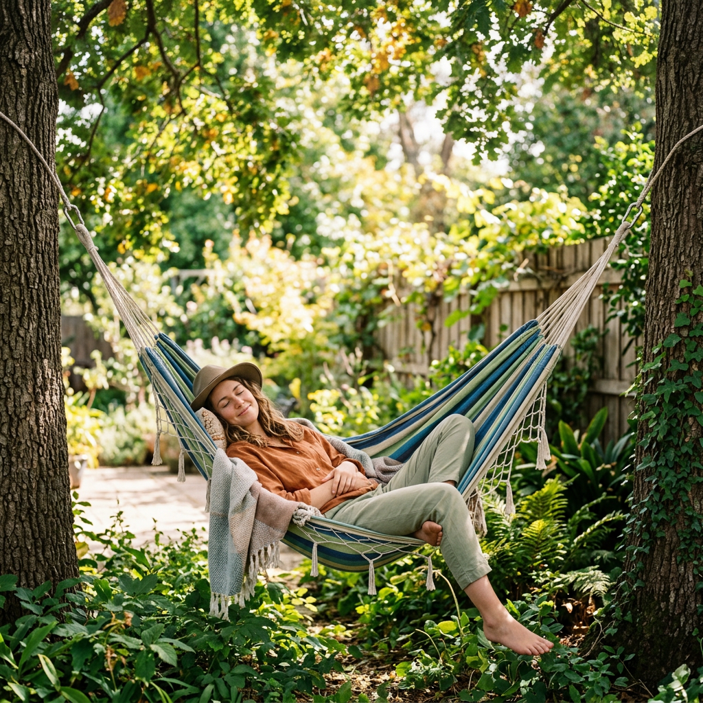 Woman relaxing in a striped hammock between trees in a leafy garden