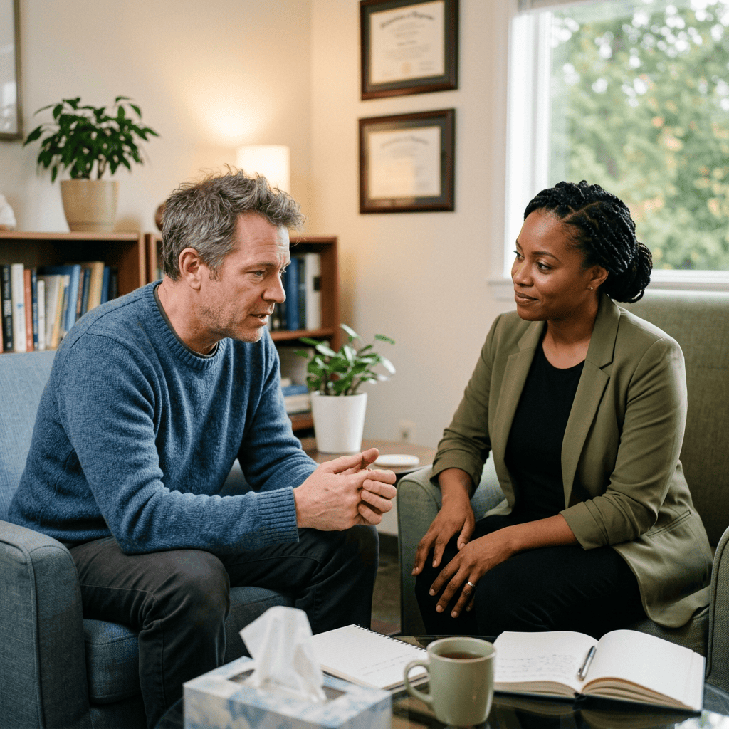 Client speaking with counselor in a comfortable office