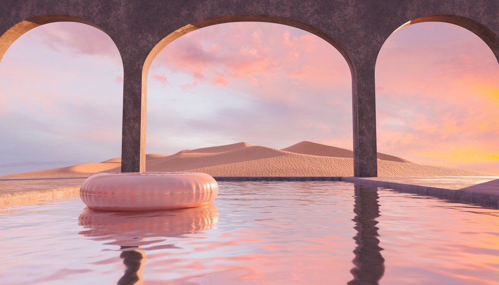 A serene scene featuring a pink inflatable pool float in a tranquil pool, framed by three large arched structures. In the background, soft sand dunes and a pastel sky at sunset create a calm atmosphere.