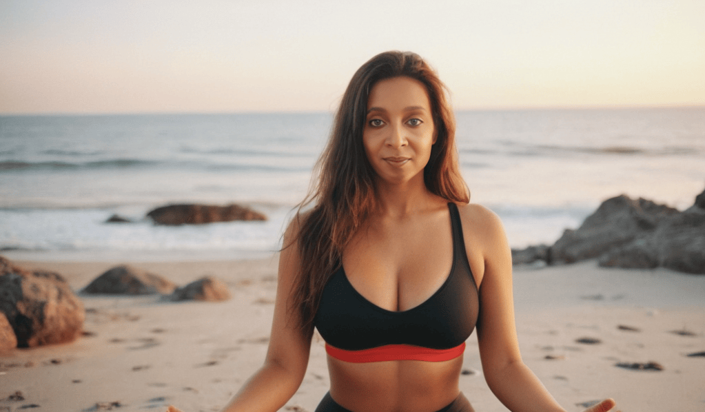A woman in a black sports bra with a red band stands on a beach at sunset, with rocks and ocean in the background.