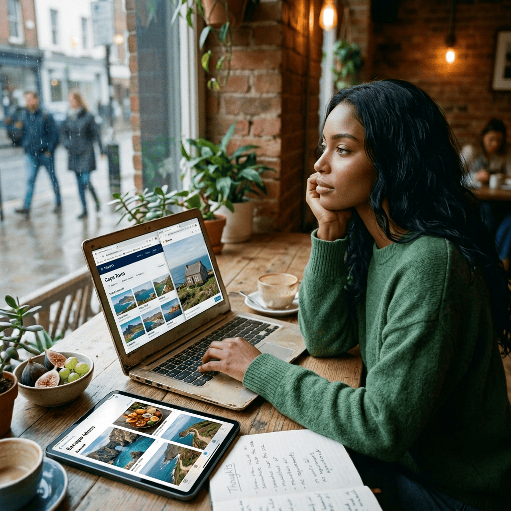 Woman researching Cape Town travel destinations on a laptop in a café