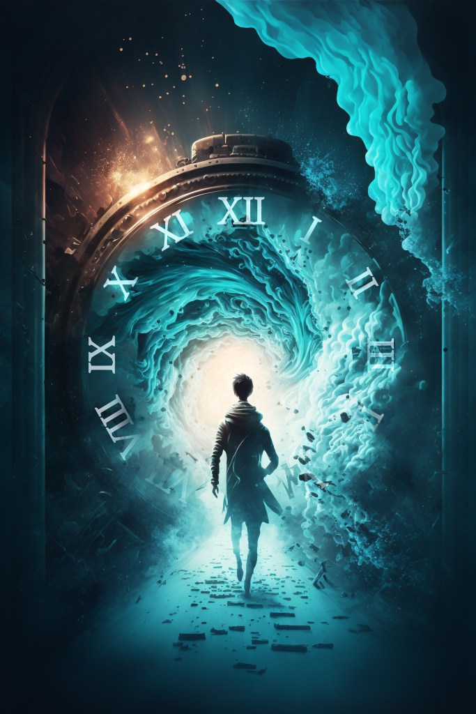 A silhouette of a person walking towards a swirling portal of light and time, surrounded by floating clock numbers and a mystical atmosphere.