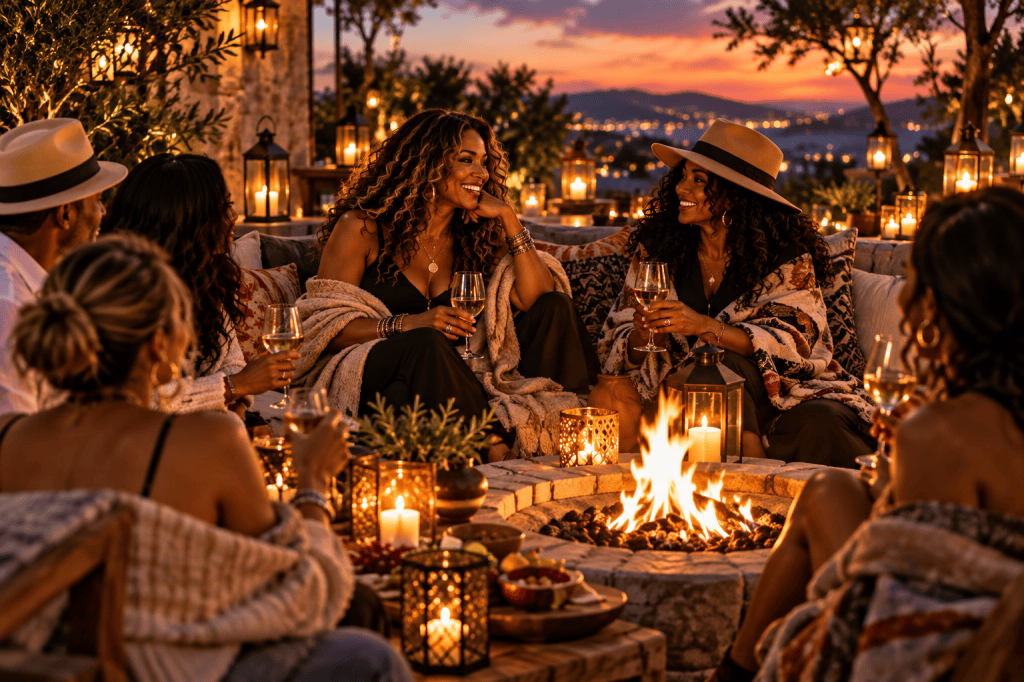 A cozy outdoor gathering around a fire pit, featuring a group of six women and one man enjoying drinks and conversation, surrounded by lanterns and candlelight at sunset.
