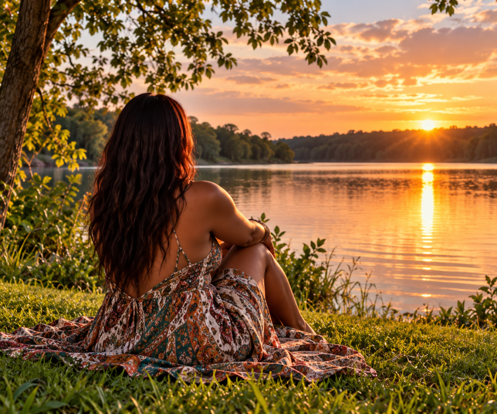 A woman sitting on the grass by a serene lake, watching a colorful sunset over the water.
