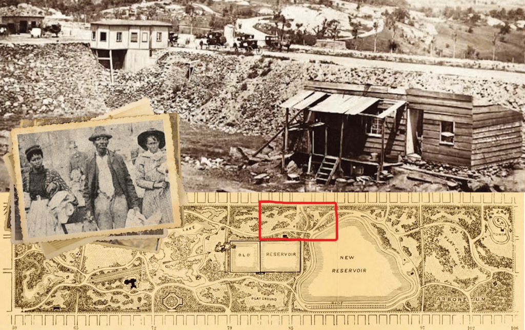A historical photograph collage featuring an old black and white image of a quarry site with a small house in the foreground, an antique photograph of three individuals in period clothing, and a vintage map highlighting a reservoir area.