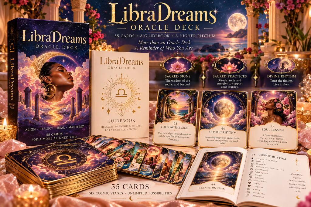 LibraDreams Oracle Deck featuring a beautifully illustrated box, guidebook, and 55 cards arranged on a table with candles and decorative elements.