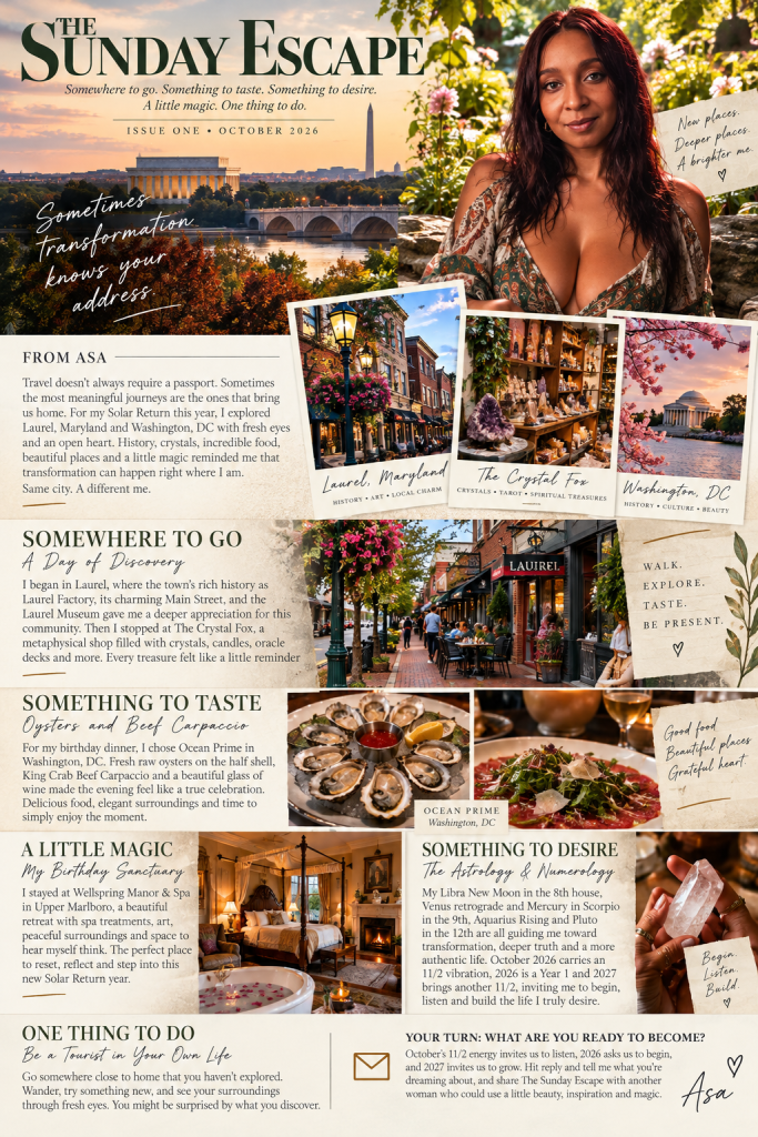 A collage featuring various travel destinations and experiences for a magazine titled 'The Sunday Escape'. Includes images of landmarks in Laurel, Maryland and Washington, DC, along with enticing dishes like oysters and beef carpaccio. The design highlights themes of exploration, taste, desire, and personal transformation.