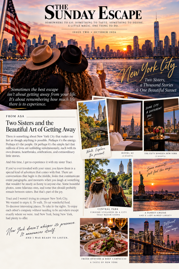 A magazine cover featuring two women in hats, enjoying a sunset view of New York City over the water, with skyscrapers in the background.