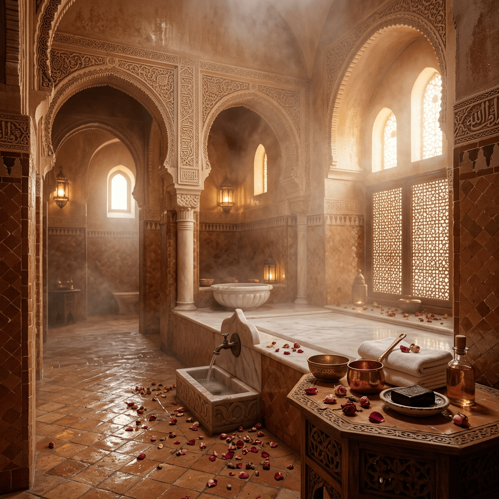 Ornate Moroccan hammam with arches, tiled walls, basin, towels, and rose petals