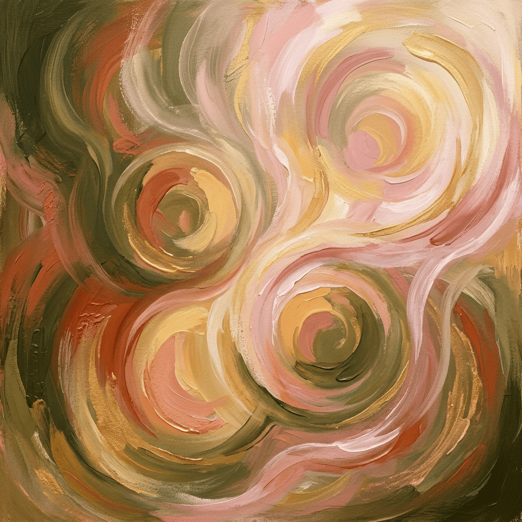 Abstract painting of four swirling floral forms in pastel and earthy colors