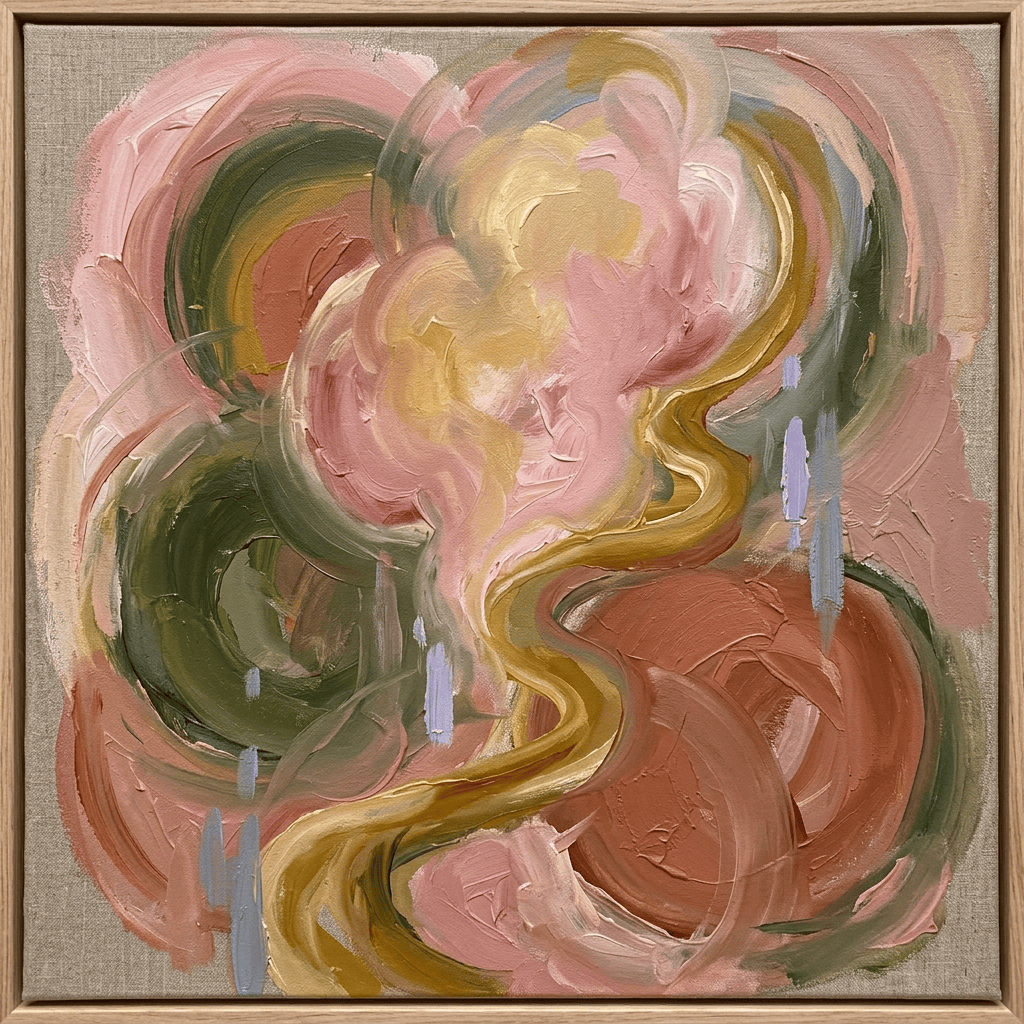 Abstract floral painting with flowing pink, green, gold, and terracotta brushstrokes