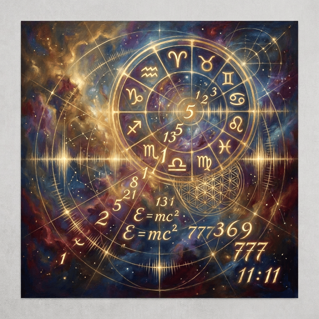 Harmonia Cosmica artwork with zodiac symbols, numbers, E=mc², 777369, 777, and 11:11