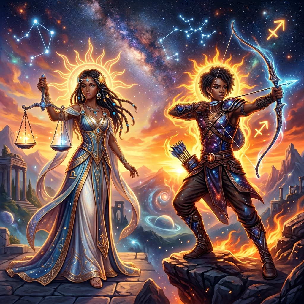 Goddess holding scales and archer beneath zodiac constellations
