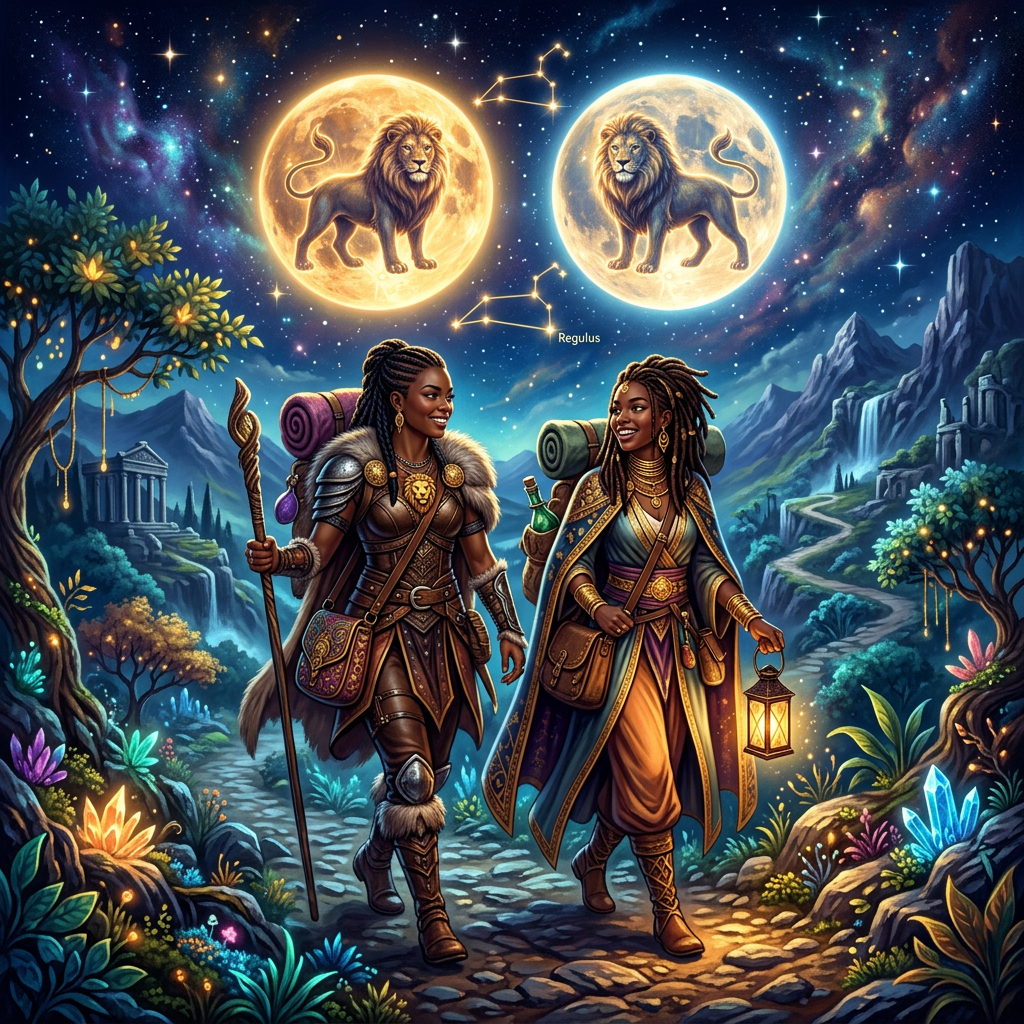 Two Black female adventurers walking through a glowing mountain valley beneath twin lion moons
