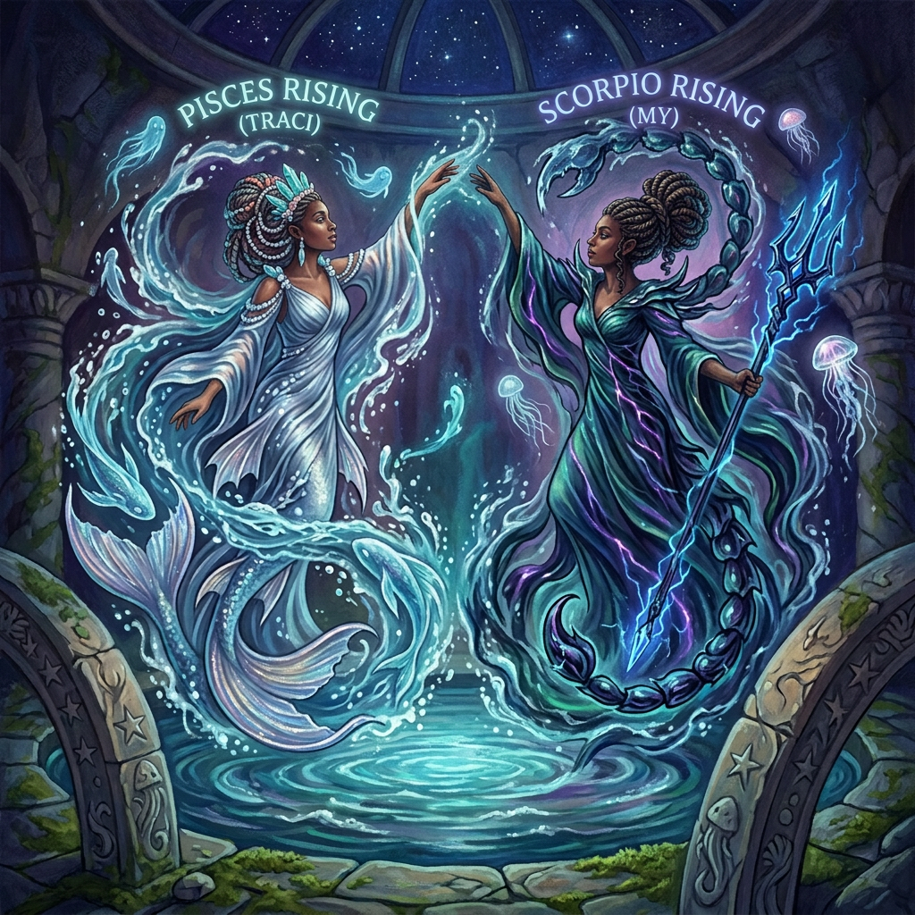 Artwork labeled Pisces Rising (Traci) and Scorpio Rising (My), showing two aquatic women