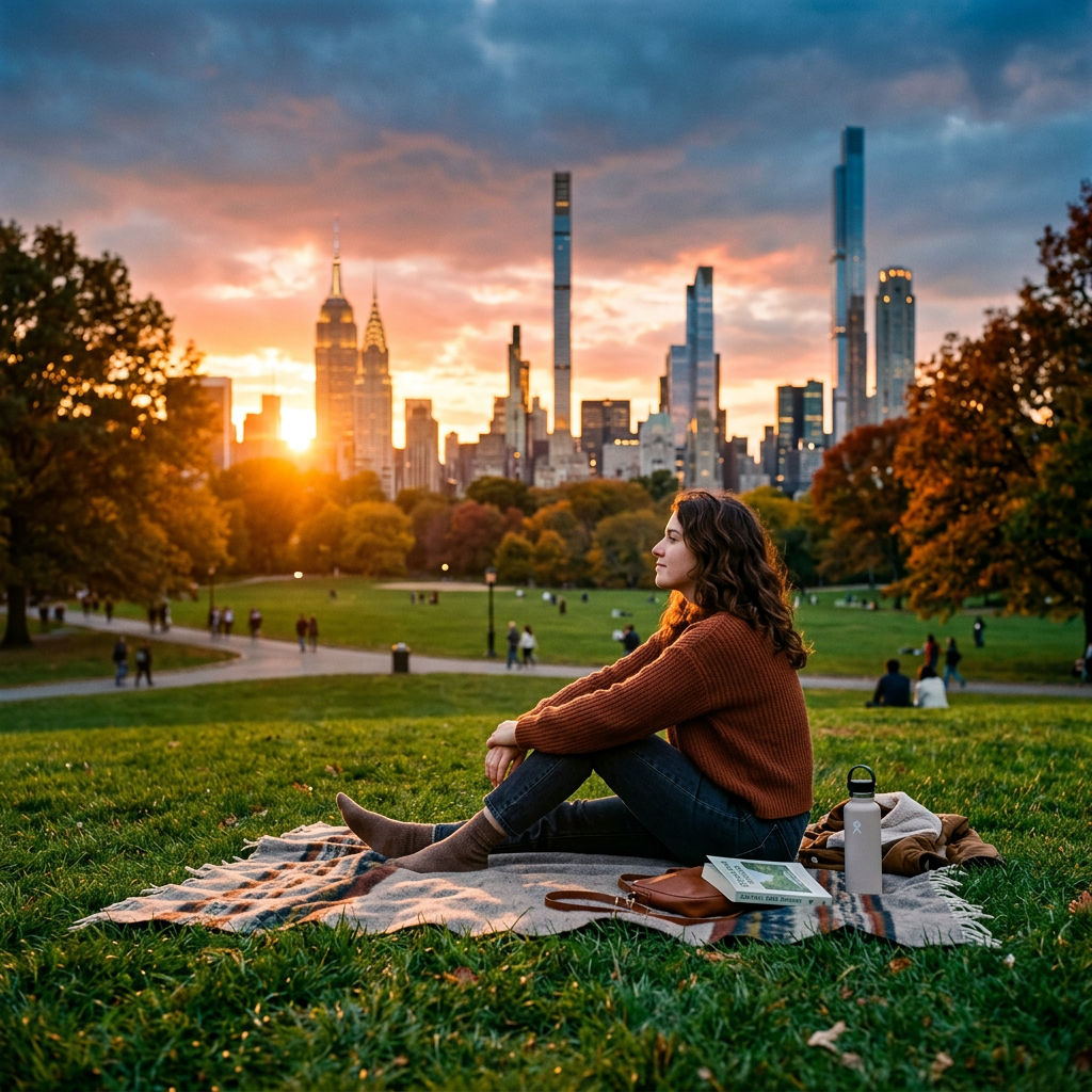 Woman sitting on a blanket in a park beneath a sunset city skyline