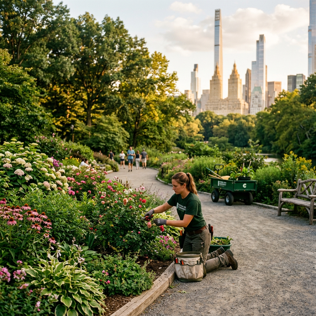 Gardener tending flowers in a Central Park garden with Manhattan skyline