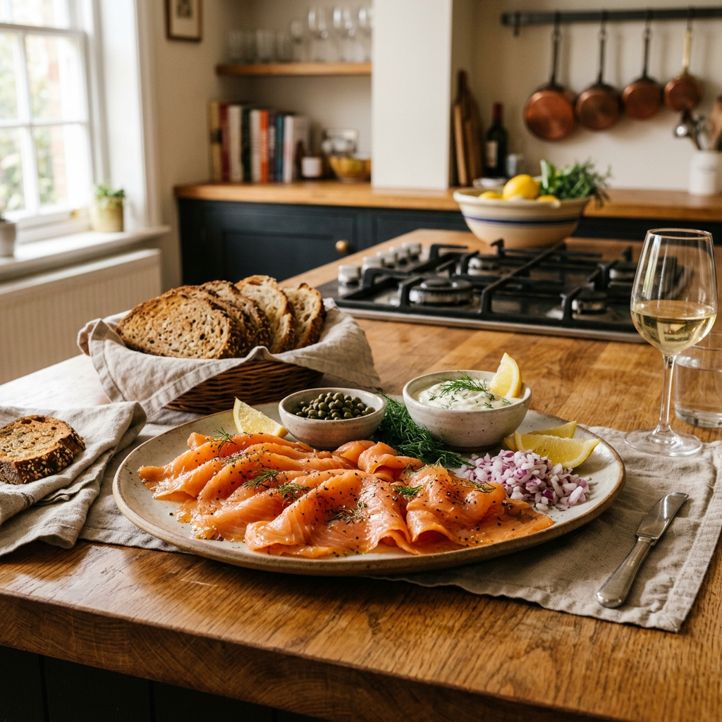 Platter of smoked salmon with bread, dips, lemons, wine, and copper pans